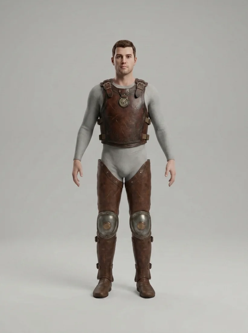 Character wearing breastplate and leg armor