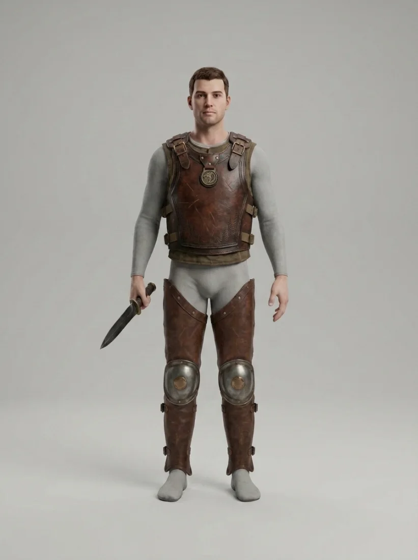 Character in the full gear set, holding the blade